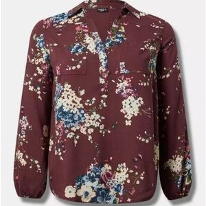 Torrid Harper Challis Collared Long Sleeve Blouse Burgundy Floral Size 0